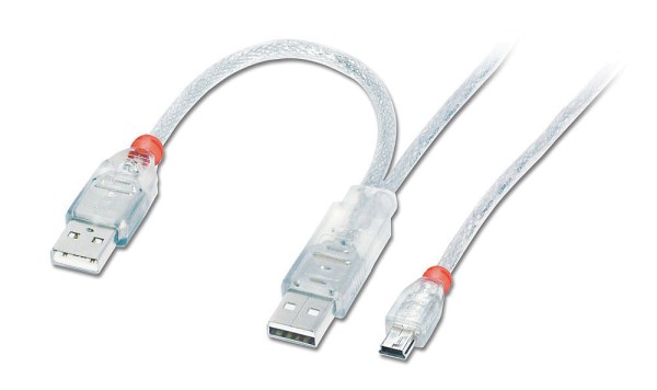 LINDY USB 2.0 Dual Power Y-Kabel, Typ 2x A(20cm)/Mini-B, 2m