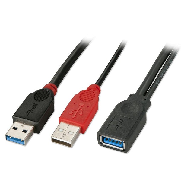 LINDY USB 3.0 Dual Power Kabel Typ A Verlängerung, schwarz, 0,5m